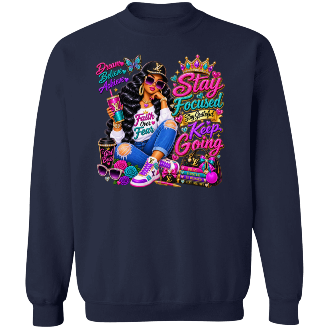 A navy blue crewneck sweatshirt featuring a large, colorful graphic print on the front. The graphic depicts a woman wearing a black Louis Vuitton cap and sunglasses, holding a drink, surrounded by motivational text like 'Stay Focused', 'Keep Going', and 'Believe & Achieve', along with small Louis Vuitton monogram details.