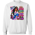A white crewneck sweatshirt featuring a large, colorful graphic print on the front. The graphic depicts a woman in a black hat and sunglasses, holding a drink, surrounded by luxury-themed text like 'Stay Focused', 'Keep Going', and 'Dream Big Achieve', along with a Louis Vuitton monogram pattern.
