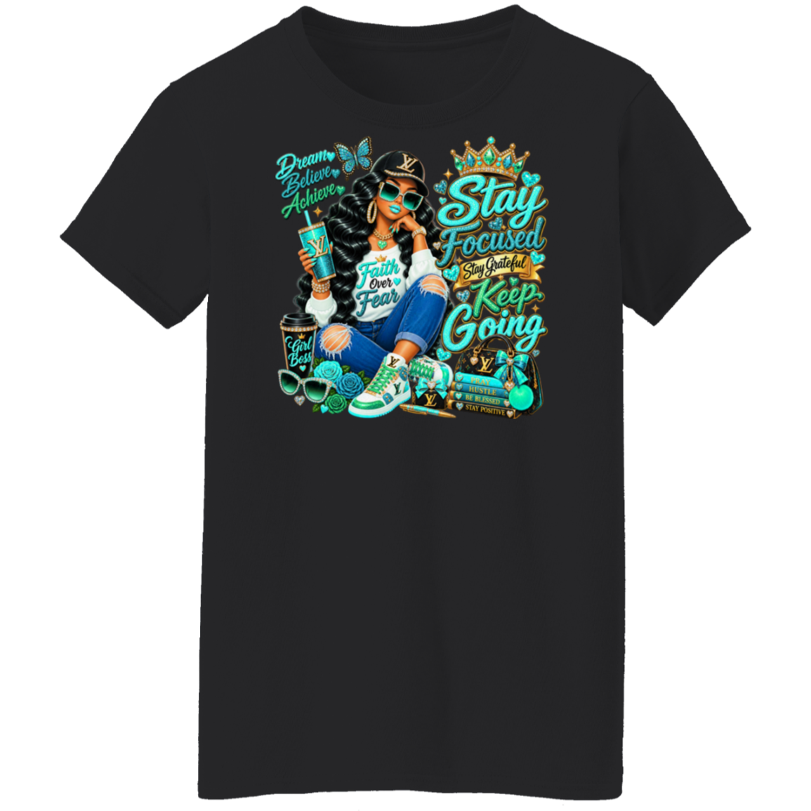 A black short-sleeve crewneck t-shirt featuring a colorful graphic print on the front. The graphic depicts a woman in a black beanie and sunglasses holding a phone, surrounded by motivational text like 'Stay Focused', 'Keep Going', and 'Dream Bigter Always', in a vibrant teal, yellow, and white color scheme.