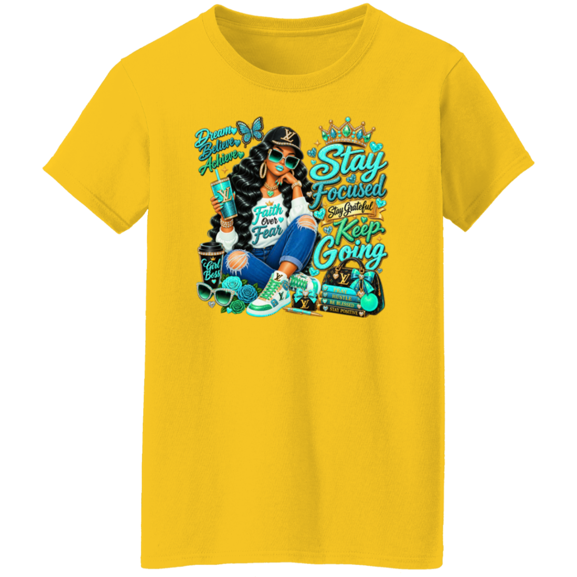 A daisy color short-sleeve t-shirt with a colorful graphic print on the front. The graphic features a woman with sunglasses and a crown, surrounded by motivational text like 'Stay Focused', 'Keep Going', and 'Dream Big Achieve'.