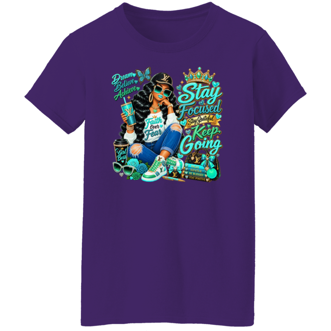A purple short-sleeve crewneck t-shirt featuring a colorful graphic print of a woman with sunglasses, a phone, and motivational text including 'Stay Focused', 'Keep Going', and 'Dream Big & Achieve'.