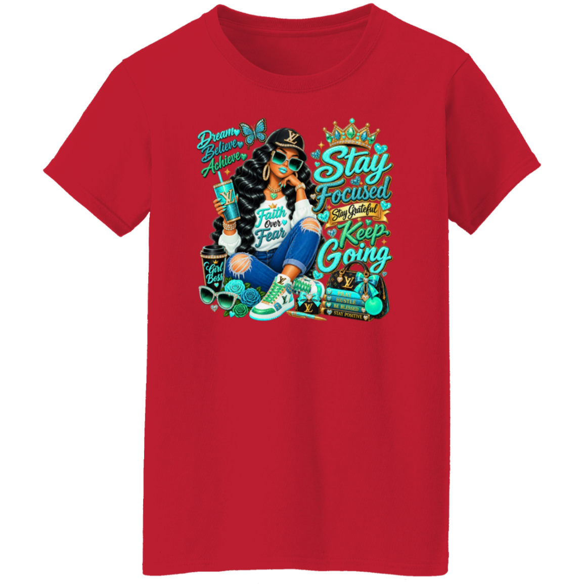 A red short-sleeve crewneck t-shirt featuring a colorful graphic print on the front. The graphic depicts a woman in sunglasses and jeans holding a phone, surrounded by motivational text like 'Stay Focused', 'Keep Going', and 'Dream Big, Start Small'.