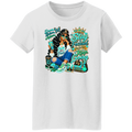 A white short-sleeve crewneck t-shirt featuring a colorful graphic print of a woman with braided hair, sunglasses, and a crown, surrounded by motivational text like 'Stay Focused', 'Keep Going', and 'Dream Big'.