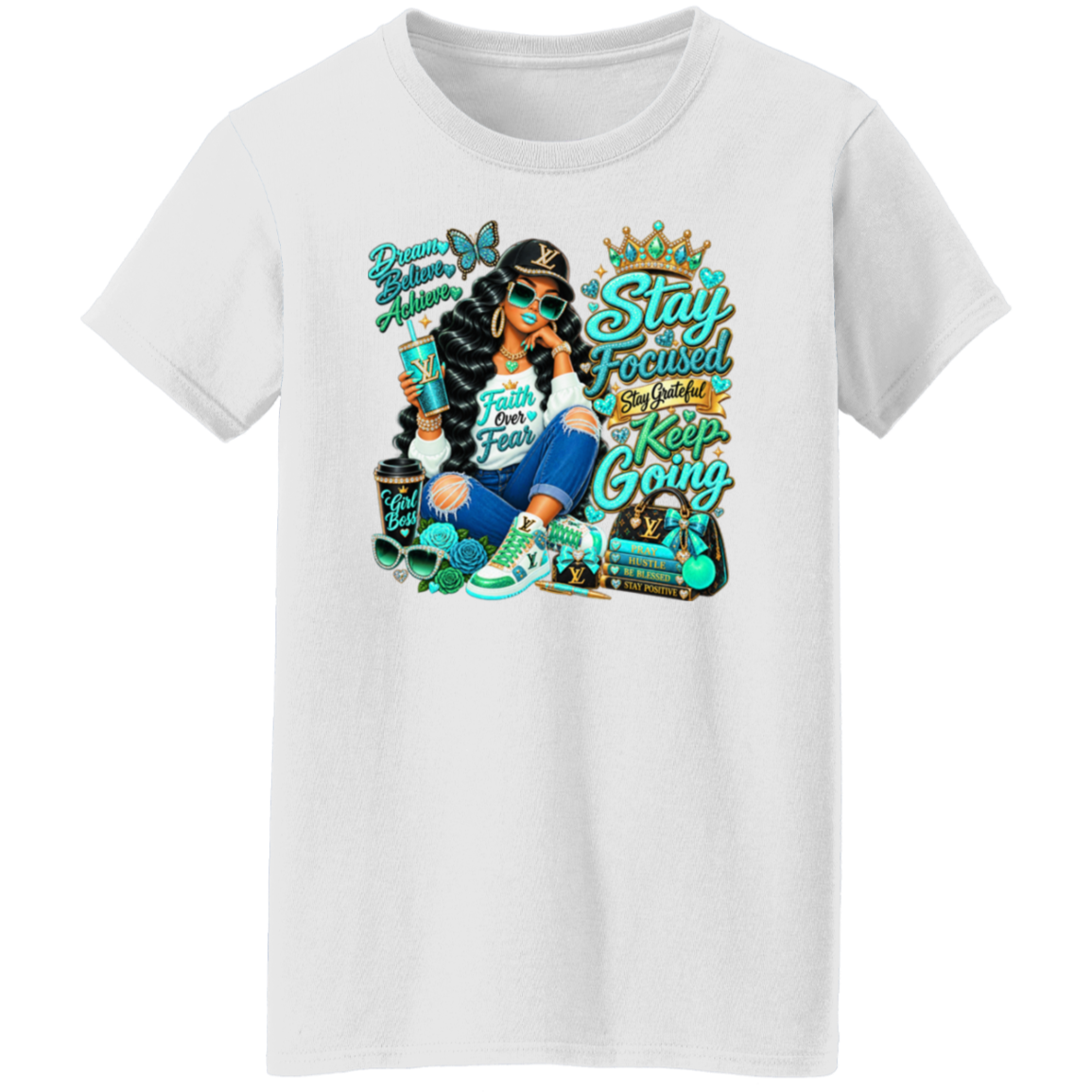 A white short-sleeve crewneck t-shirt featuring a colorful graphic print of a woman with braided hair, sunglasses, and a crown, surrounded by motivational text like 'Stay Focused', 'Keep Going', and 'Dream Big'.