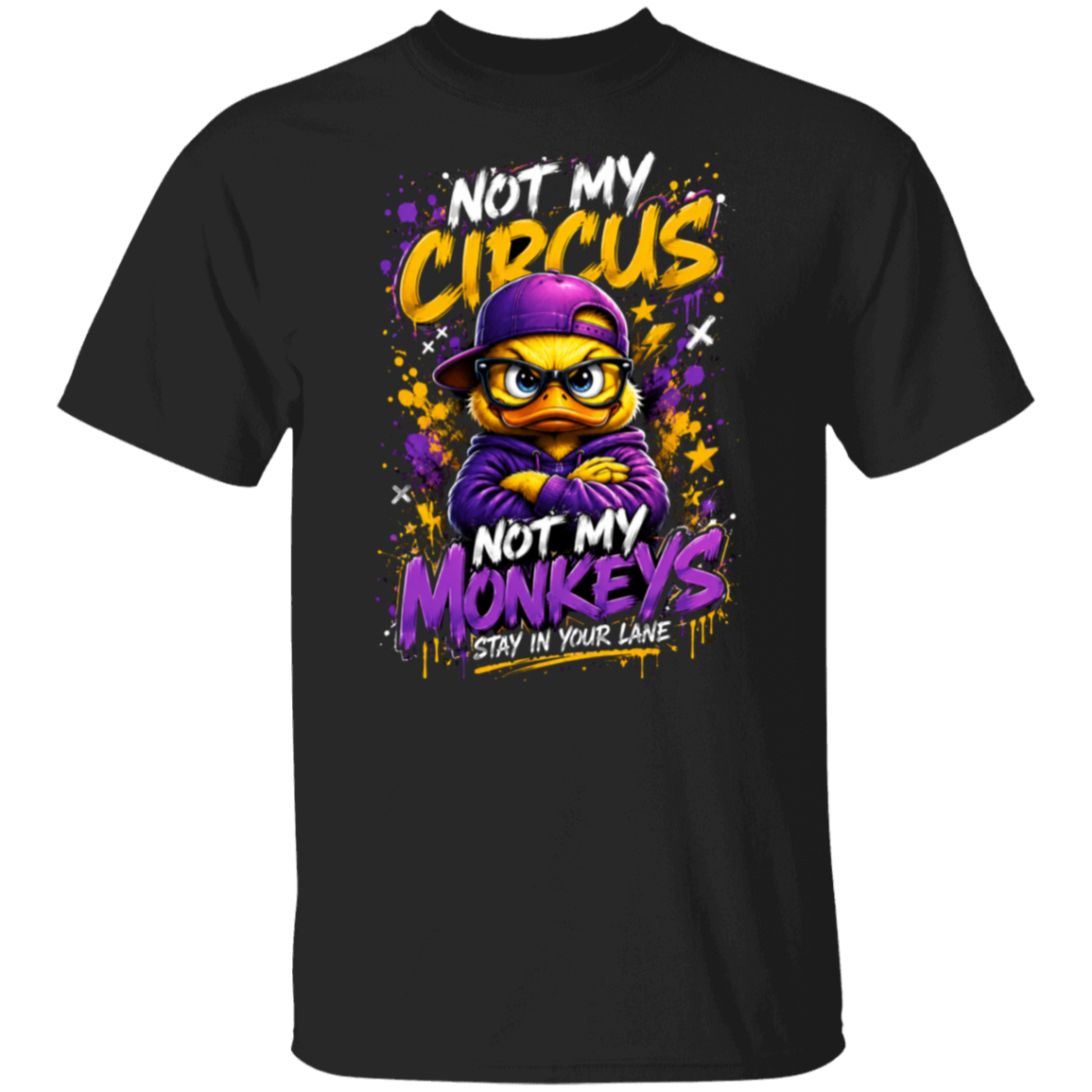 A black short-sleeve crewneck t-shirt featuring a colorful graphic print of a cartoon monkey wearing a purple cap and sunglasses, with the text 'NOT MY CIRCUS NOT MY MONKEYS STAY IN YOUR LANE' in yellow, purple, and white.