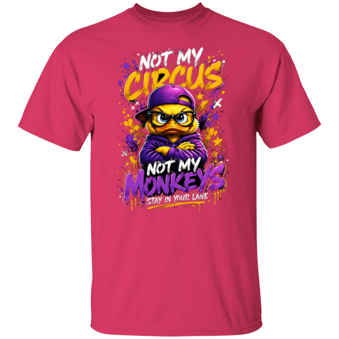 A heliconia color short-sleeve t-shirt with a colorful graphic print on the front. The graphic features a cartoon monkey wearing a purple cap and hoodie, surrounded by yellow and purple text that reads 'NOT MY CIRCUS NOT MY MONKEYS STAY IN YOUR LANE'.