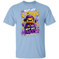 A light blue crewneck t-shirt featuring a colorful graphic print of a cartoon monkey wearing a purple cap and hoodie, with the text 'NOT MY CIRCUS NOT MY MONKEYS' in yellow, purple, and white.