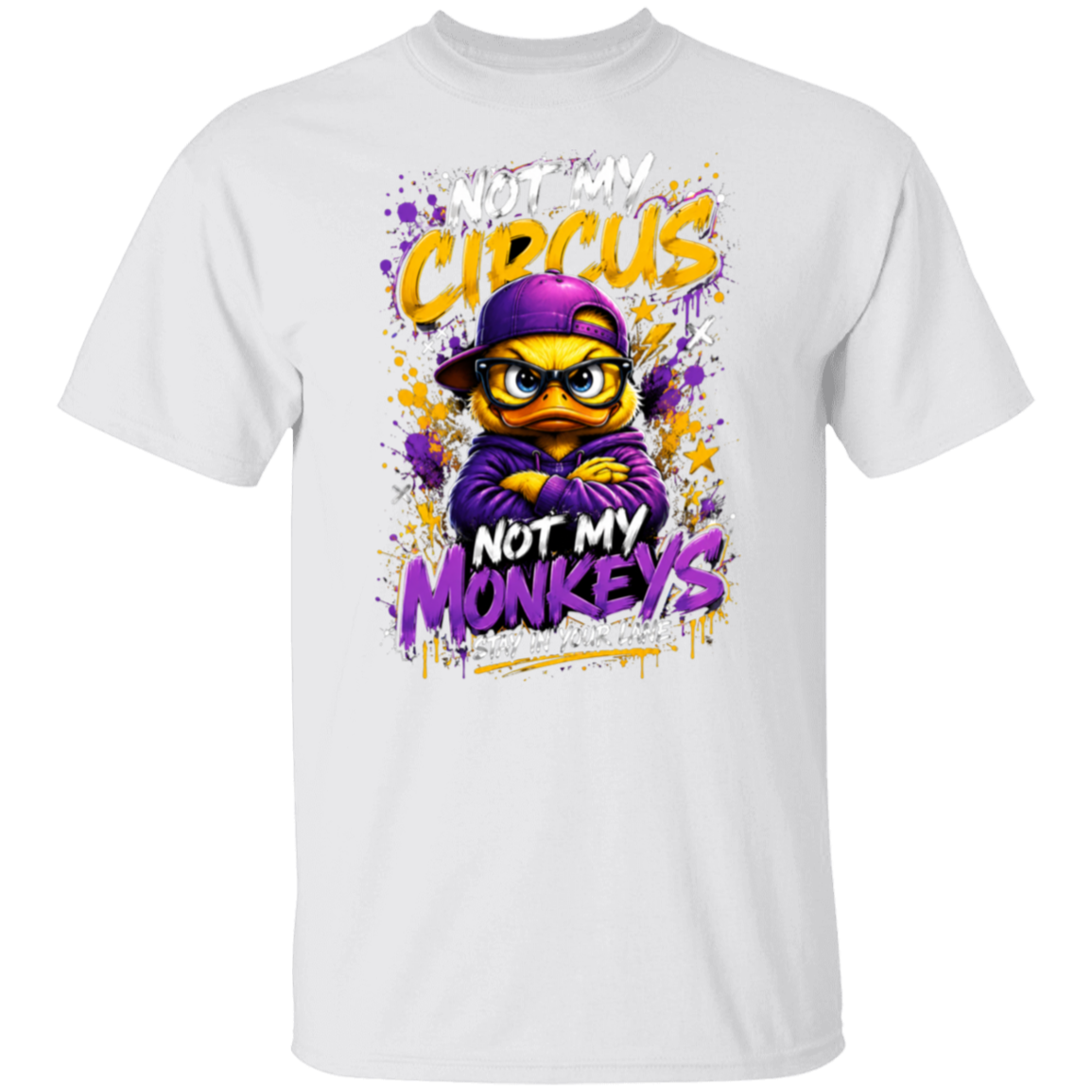 A white short-sleeve crewneck t-shirt featuring a colorful graphic print of a cartoon monkey wearing a purple cap and hoodie, surrounded by purple and yellow paint splatters and the text 'NOT MY CIRCUS NOT MY MONKEYS'.