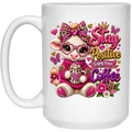 A white ceramic coffee mug featuring a colorful graphic of a cute pink cartoon cow wearing glasses and a pink sweater, holding a heart-shaped mug. The text reads 'Stay Positive Enjoy Your Coffee' in pink, purple, and gold lettering with hearts and butterflies.