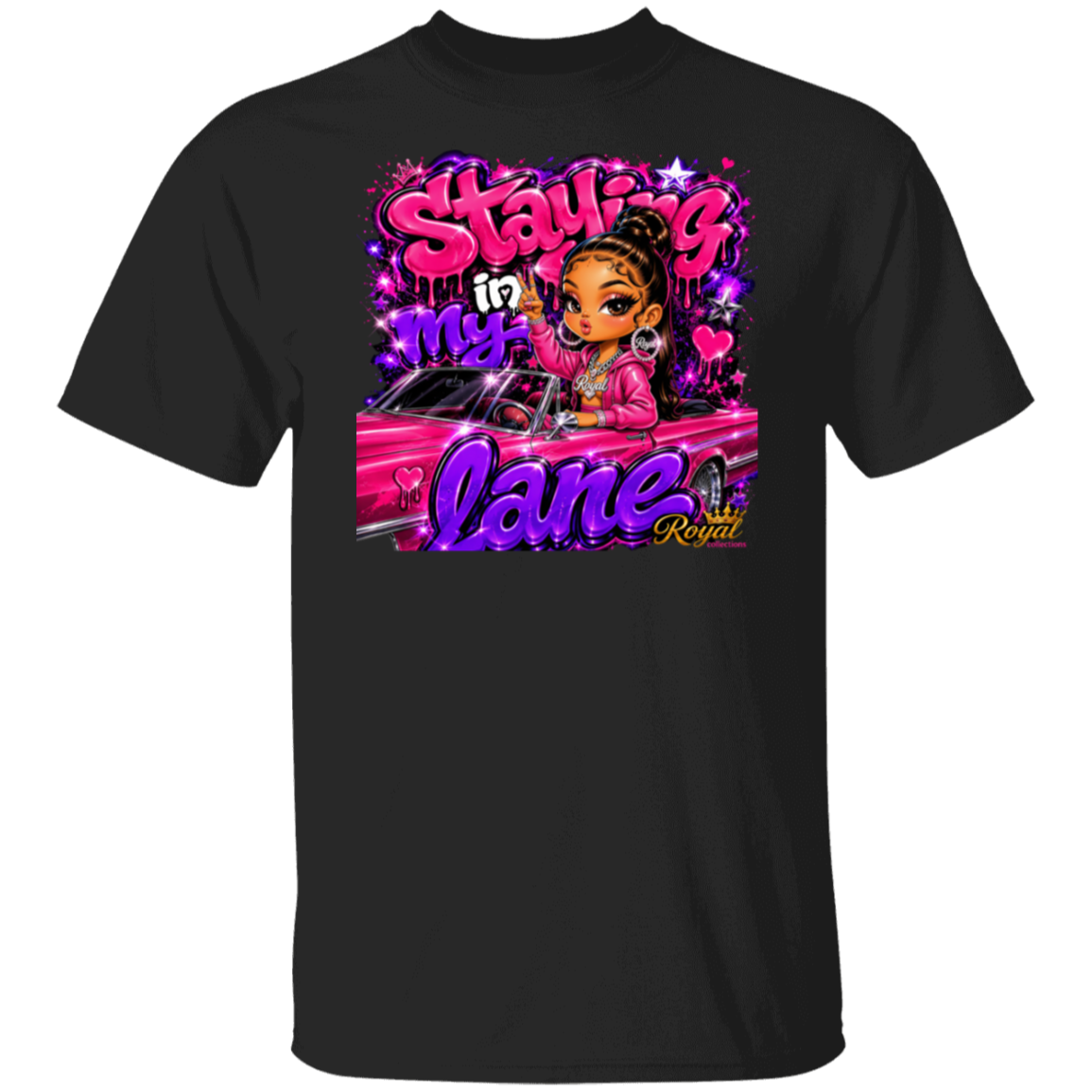 A black short-sleeve crewneck t-shirt featuring a colorful graphic print on the front. The graphic shows a cartoon woman with dark skin and a bun, wearing a pink jacket and holding a pink car, with the text 'Staying in my lane' in pink and purple bubble letters.