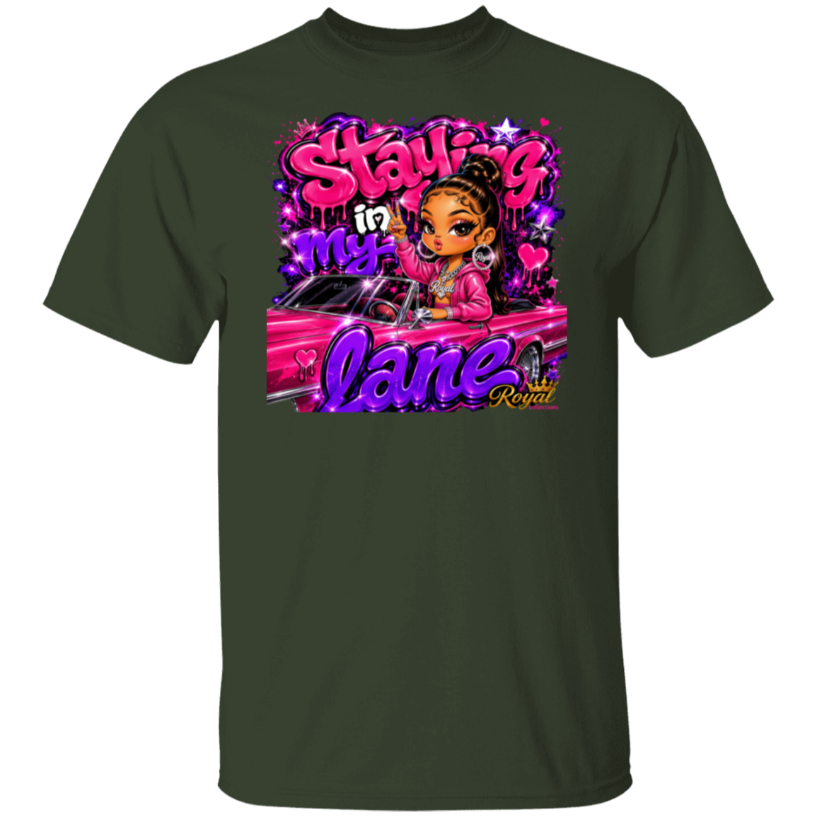 A forest green short-sleeve t-shirt with a large, colorful graphic print on the front. The graphic features a cartoon woman with brown skin and black hair in a pink car, surrounded by graffiti-style text that reads 'Staying in my lane Royal'.
