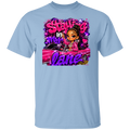 A light blue crewneck t-shirt featuring a colorful graphic print on the front. The graphic displays a cartoon girl with brown hair in a bun, wearing a pink jacket, sitting in a pink car, surrounded by graffiti-style text that reads 'Staying in my lane' and 'Crazy'.