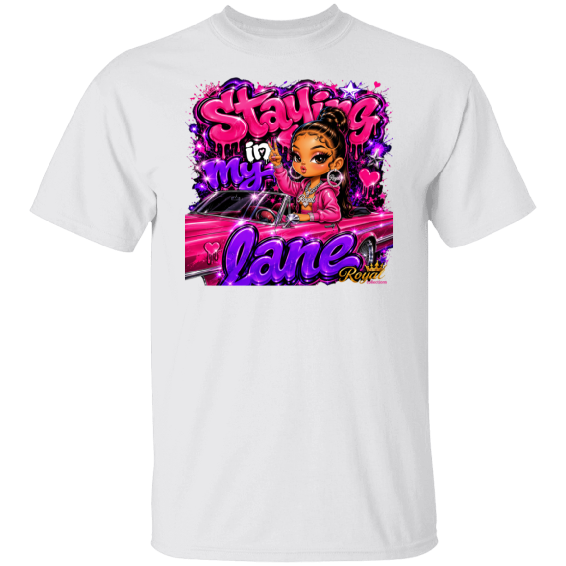 A white short-sleeve crewneck t-shirt featuring a colorful graphic print on the front. The graphic displays a cartoon girl with brown skin and black hair in a bun, wearing a pink jacket, sitting in a pink car, with graffiti-style text reading 'Staying in my lane' and a small logo that says 'Wicked'.