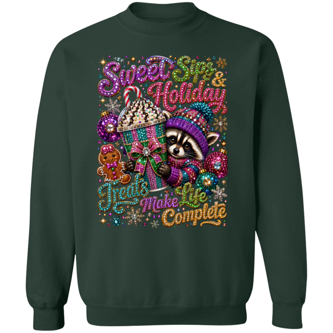 A forest green crewneck sweatshirt featuring a colorful, glittery graphic of a raccoon in a knit hat next to a cupcake, with the text 'Sweet Sin & Holiday Treats Make Life Complete'.