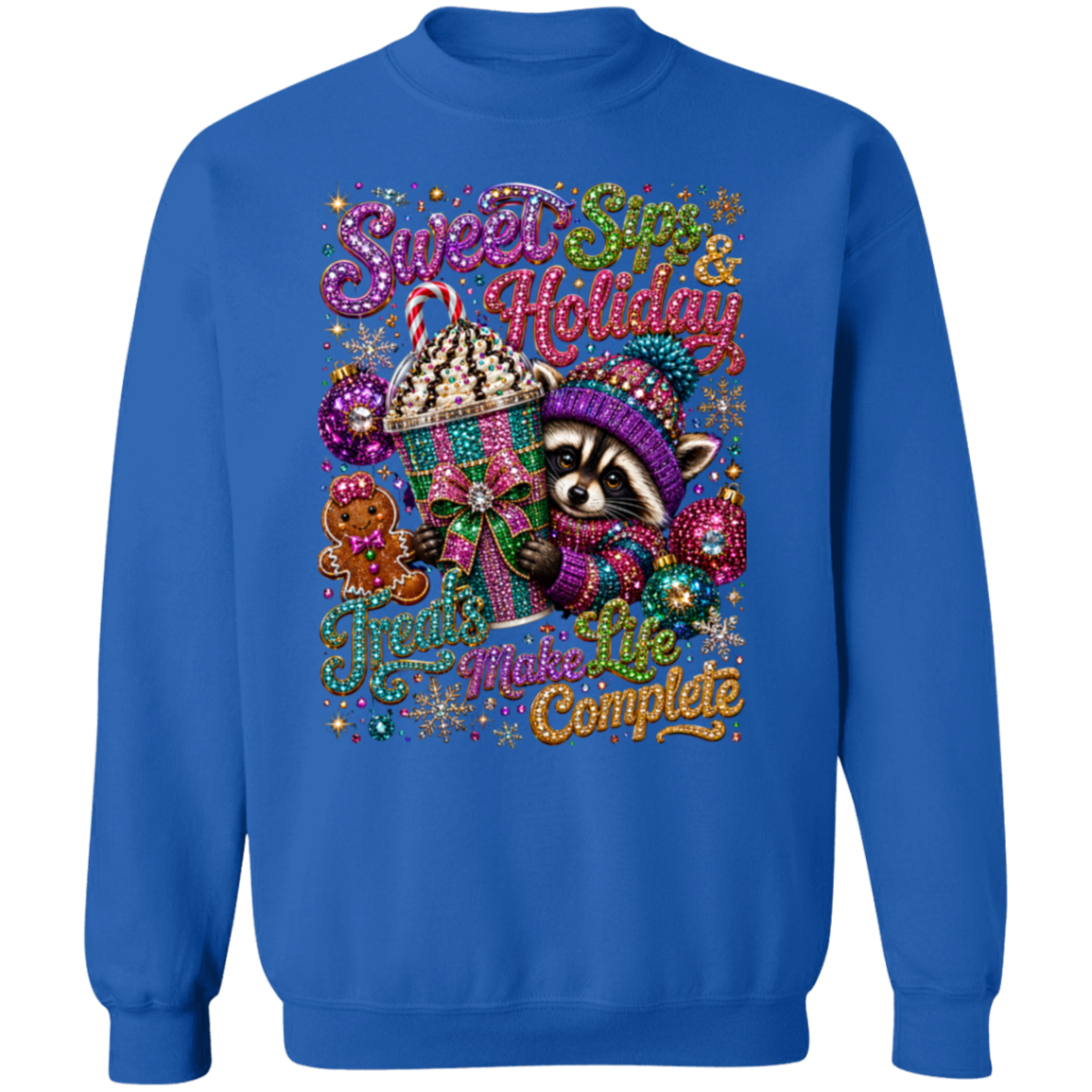 A royal blue crewneck sweatshirt featuring a festive Christmas-themed graphic print with a raccoon, candy cane, gingerbread cookie, and the text 'Sweet Sin & Holiday. Fruit.