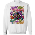 A white crewneck sweatshirt featuring a large, colorful, glittery graphic print of a raccoon in a knit hat next to a hot chocolate cup, with the text 'Sweet Snip Holiday Treats Make Life Complete'.