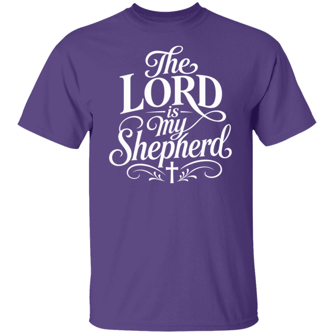 A purple color short-sleeve crewneck t-shirt with a white graphic print on the front that reads 'The LORD is my Shepherd' in stylized lettering with a small cross at the bottom.