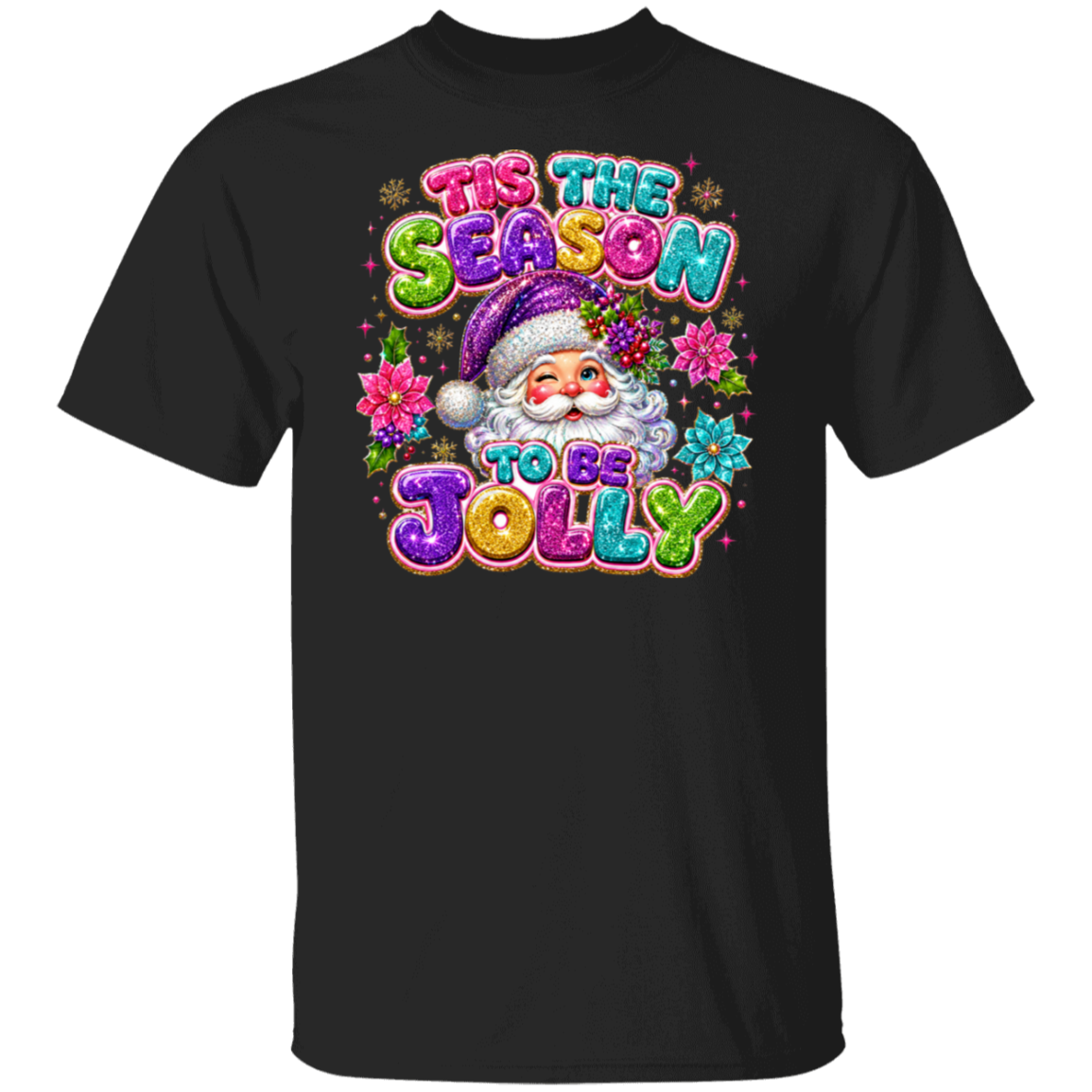 A black color short-sleeve crewneck t-shirt featuring a colorful graphic print on the front with the text 'TIS THE SEASON TO BE JOLLY' and an illustration of Santa Claus surrounded by flowers.
