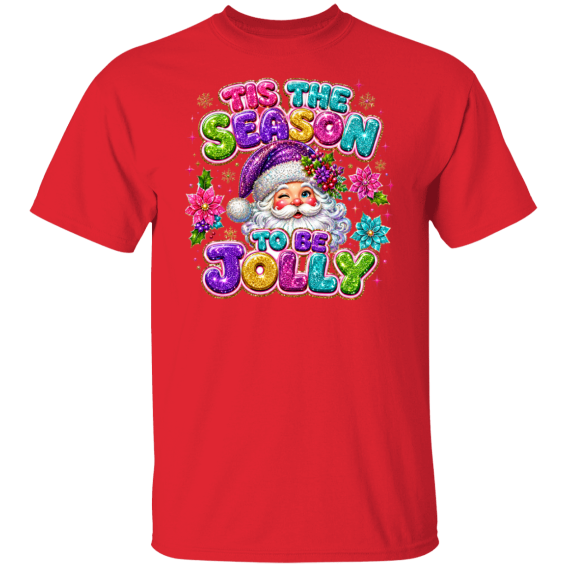 A red color short-sleeve crewneck t-shirt featuring a colorful graphic on the chest with the text 'TIS THE SEASON TO BE JOLLY' and an illustration of Santa Claus surrounded by flowers.