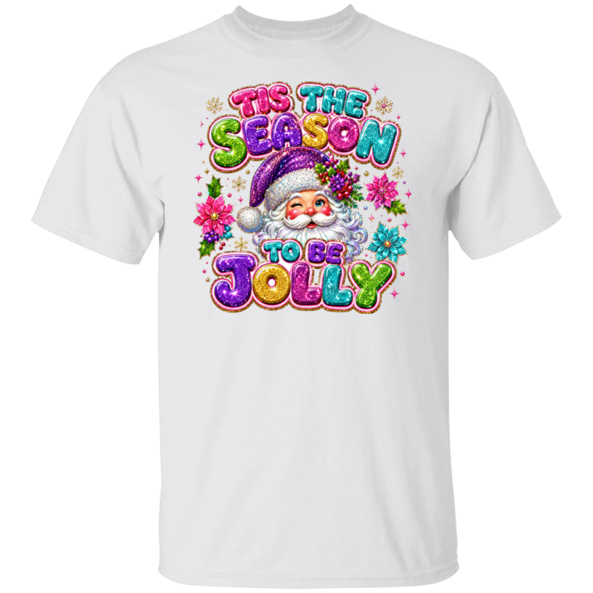 A white short-sleeve crewneck t-shirt featuring a colorful graphic print of a Santa Claus face surrounded by flowers and the text 'TIS THE SEASON TO BE JOLLY' in a glittery, multicolored font.