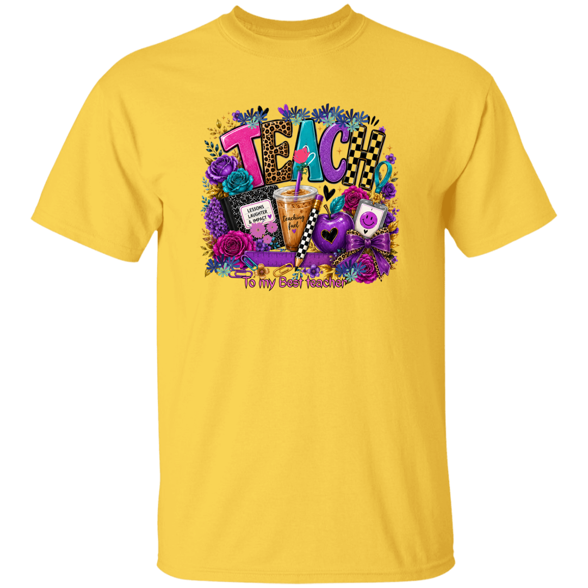 A daisy short-sleeve crewneck t-shirt featuring a colorful graphic on the chest that reads 'TEACH' with flowers, a drink, a heart, and the phrase 'To my Best Teacher' underneath.