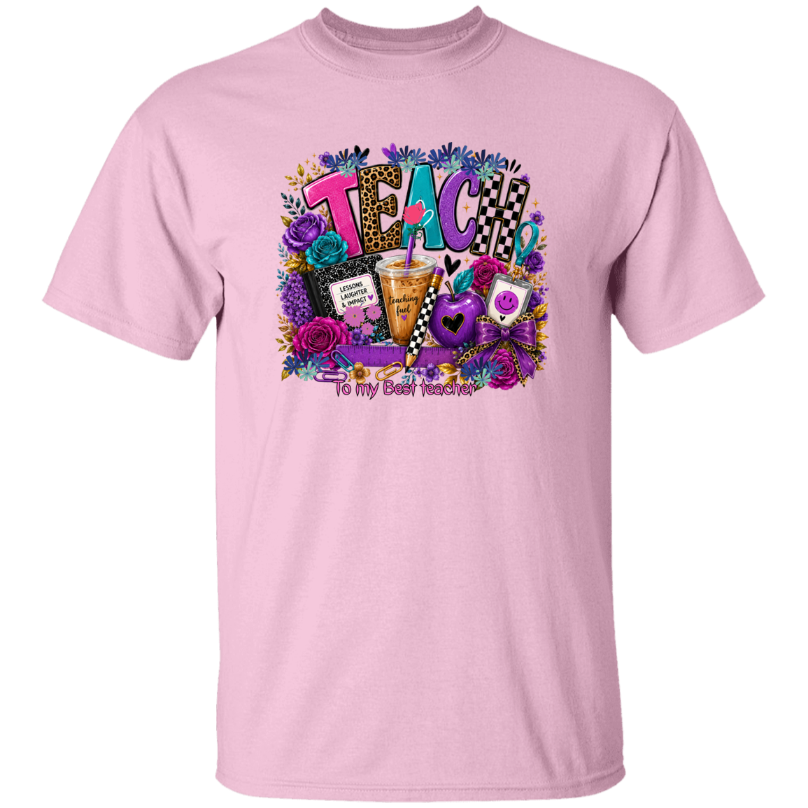 A light pink short-sleeve crewneck t-shirt featuring a colorful graphic on the front with the word 'TEACH' surrounded by flowers, a drink, and the text 'To my Best Teacher'.