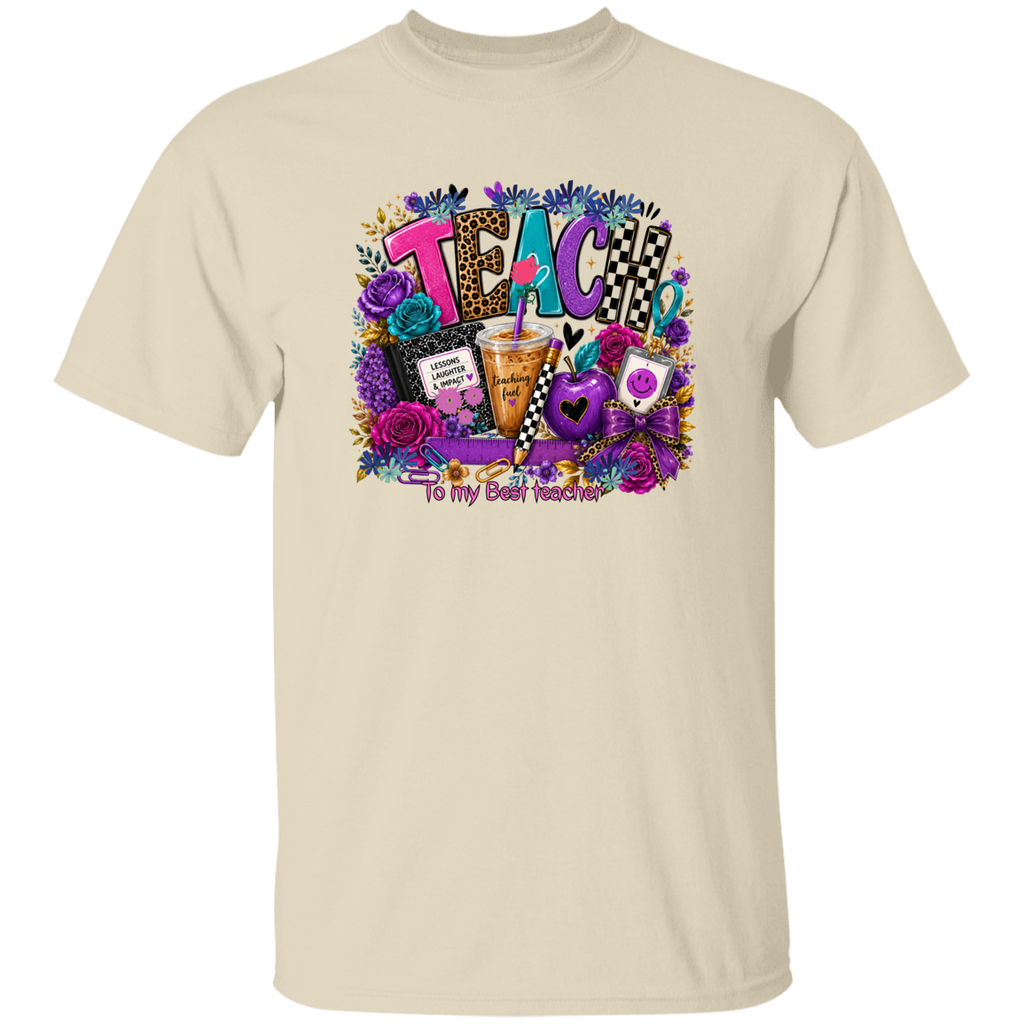 A natural crewneck t-shirt featuring a colorful graphic print on the front with the word 'TEACH' surrounded by flowers, a drink, and the text 'To my Best Teacher'.