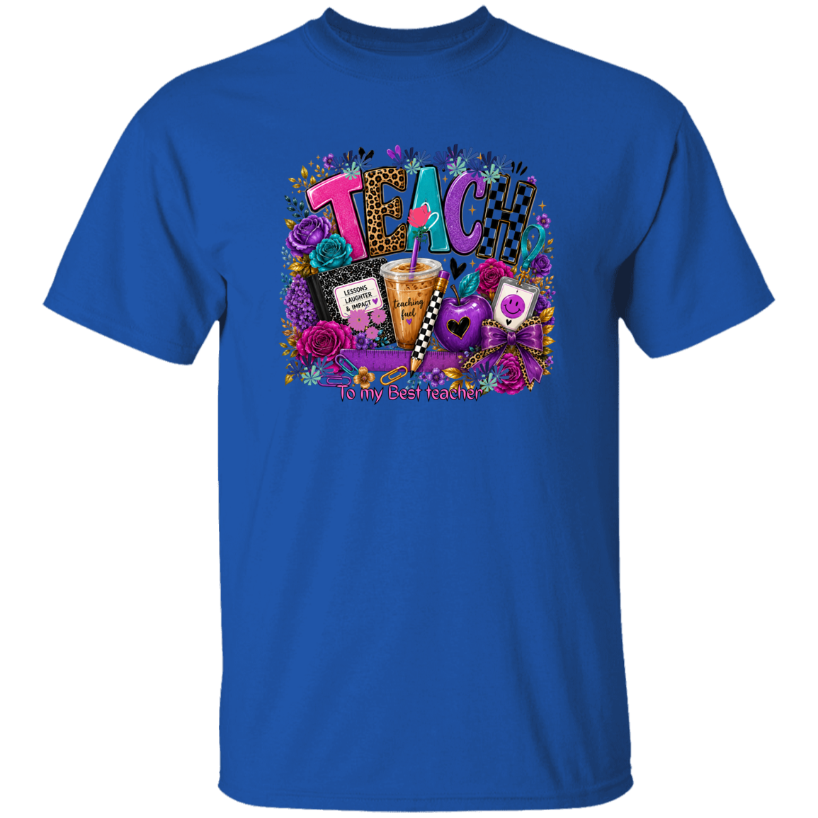 A royal blue short-sleeve crewneck t-shirt featuring a colorful graphic on the chest with the word 'TEACH' in stylized letters surrounded by flowers, a coffee cup, and school-themed illustrations.