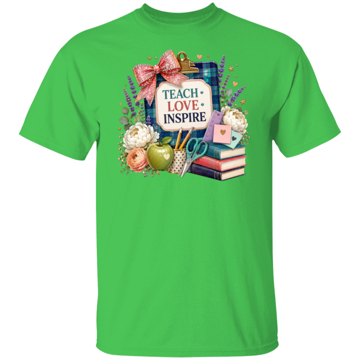 An electric green short-sleeve crewneck t-shirt featuring a colorful graphic print on the chest. The graphic depicts a clipboard with a plaid background, a pink bow, a sign reading 'TEACH LOVE INSPIRE', and school-themed items including books, an apple, flowers, and scissors.