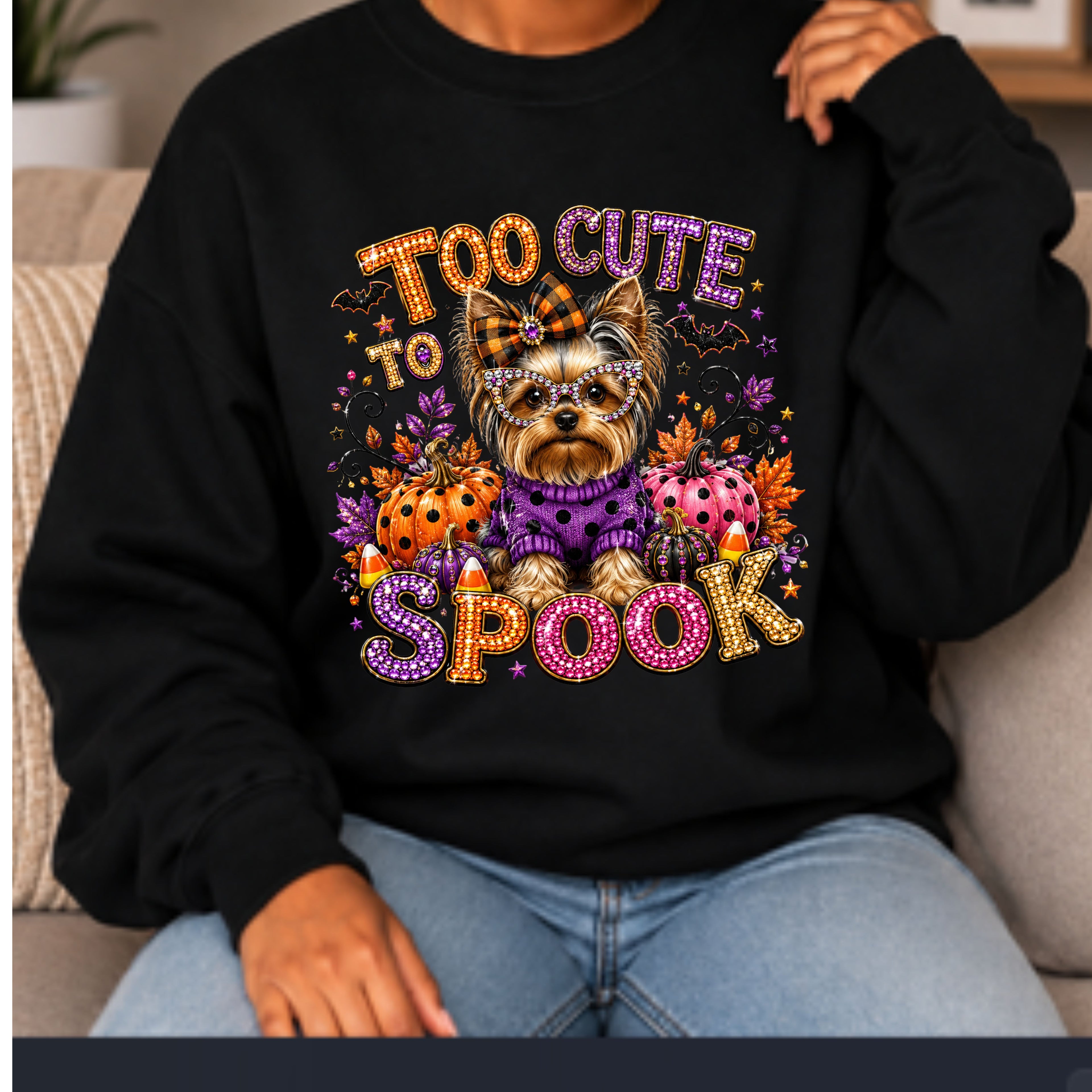 A person wearing a black crewneck sweatshirt with a colorful graphic of a Yorkshire Terrier surrounded by pumpkins, spiderwebs, and the text 'TOO CUTE TO SPOOK' in a glittery, 3D-effect font. The person is also wearing light blue jeans and sitting on a beige couch.