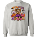 A lash crewneck sweatshirt featuring a colorful graphic print of a Yorkshire Terrier dressed in a purple sweater, surrounded by pumpkins, ladybugs, bats, and the text 'TOO CUTE TO SPOOK' in a decorative, glittery font.