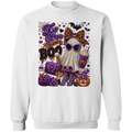 A white crewneck sweatshirt featuring a large, colorful glitter-style graphic on the front with a ghost, pumpkins, bats, and the text 'Too Glam to Give a BOO'.
