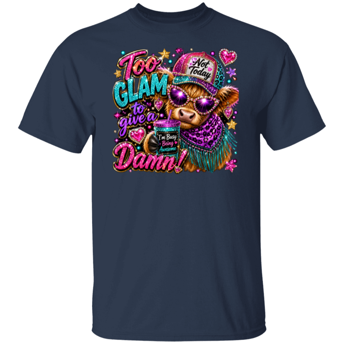 A navy blue short-sleeve t-shirt with a colorful graphic print on the front. The graphic features a cartoon pig wearing a purple hat that says 'Not Today' and a purple leopard-print scarf, holding a coffee mug with the text 'I'm Busy Before It's Before You'.