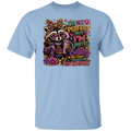 A light blue short-sleeve crewneck t-shirt featuring a colorful graphic of a raccoon wearing a crown and sunglasses, surrounded by glittery text that reads 'I'm not perfect but I'm limited edition glitter and that makes me awesome!'.