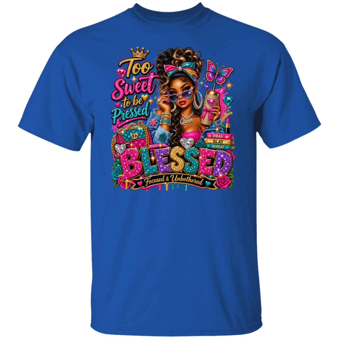 A royal blue short-sleeve t-shirt with a colorful graphic print on the front. The graphic features a stylized portrait of a woman with sunglasses, a phone, and butterflies, surrounded by the text 'Too Sweet to be Pressed' and 'BLESSED Family & Unbound'.