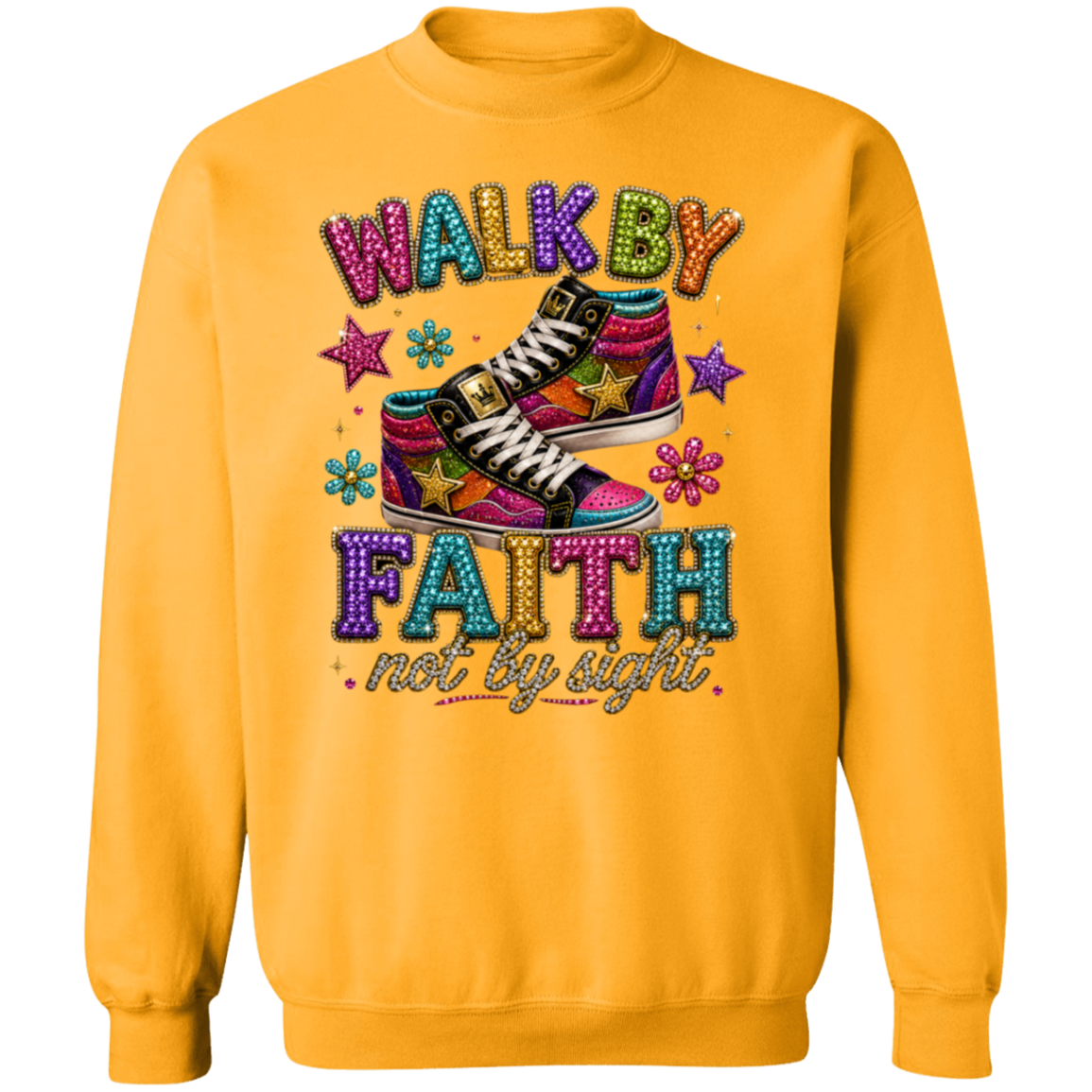 A gold color crewneck sweatshirt featuring a colorful graphic print with the text 'WALK BY FAITH not by sight' and an illustration of a high-top sneaker surrounded by stars and flowers.