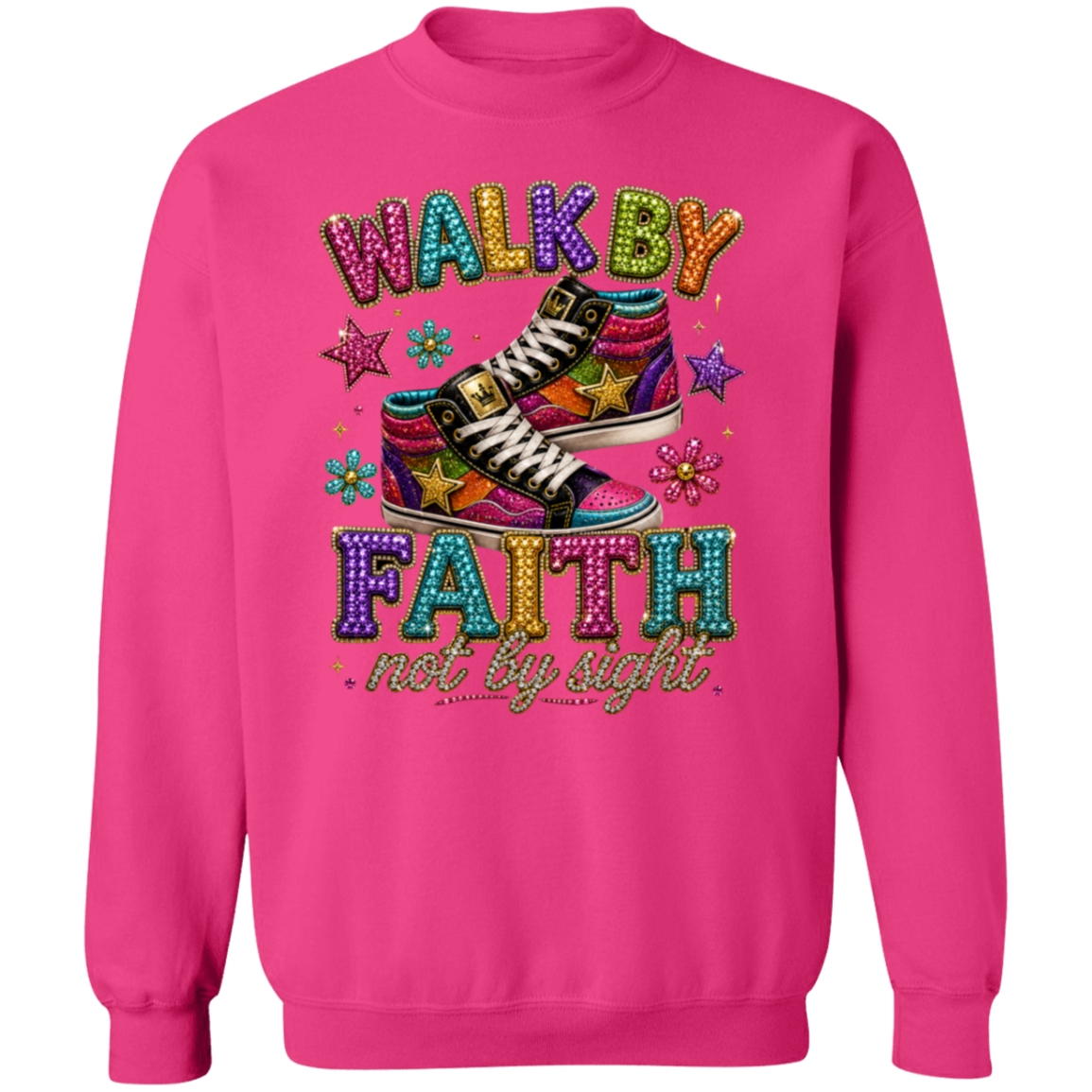 A heliconia color crewneck sweatshirt featuring a colorful graphic on the front with the words 'WALK BY FAITH not by sight' and an illustration of a high-top sneaker surrounded by stars and flowers.