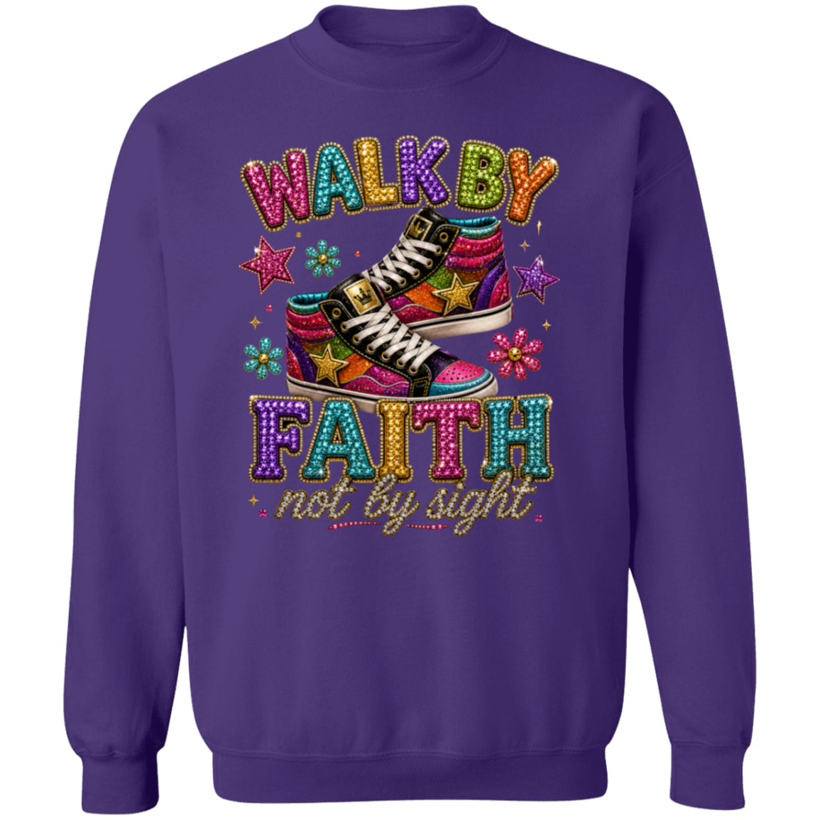 A purple crewneck sweatshirt featuring a colorful graphic print with the text 'WALK BY FAITH not by sight' and an illustration of two high-top sneakers in a glittery, multicolored style.