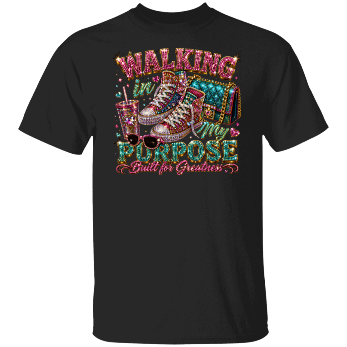 A black short-sleeve crewneck t-shirt featuring a colorful graphic print on the front. The graphic shows a rhinestone-embellished roller skate, a drink with a straw, sunglasses, and the text 'WALKING WITH PURPOSE Built for Greatness' in pink, gold, and teal lettering.
