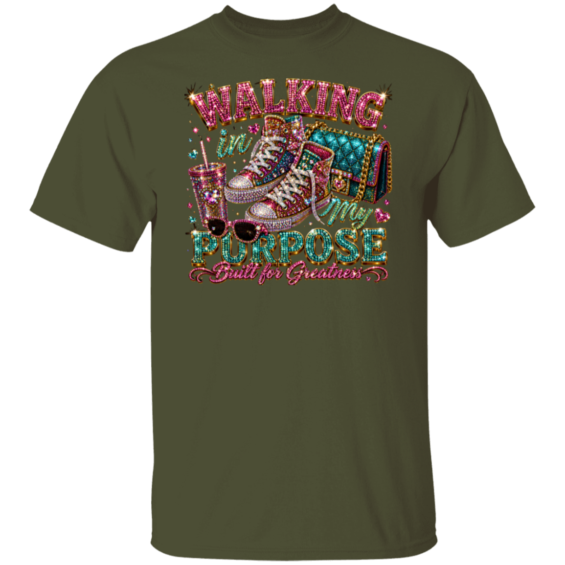 A military green short-sleeve t-shirt with a large, colorful graphic on the chest featuring a rhinestone-embellished high-top sneaker, sunglasses, a drink, and the text 'WALKING WITH PURPOSE Built for greatness'.