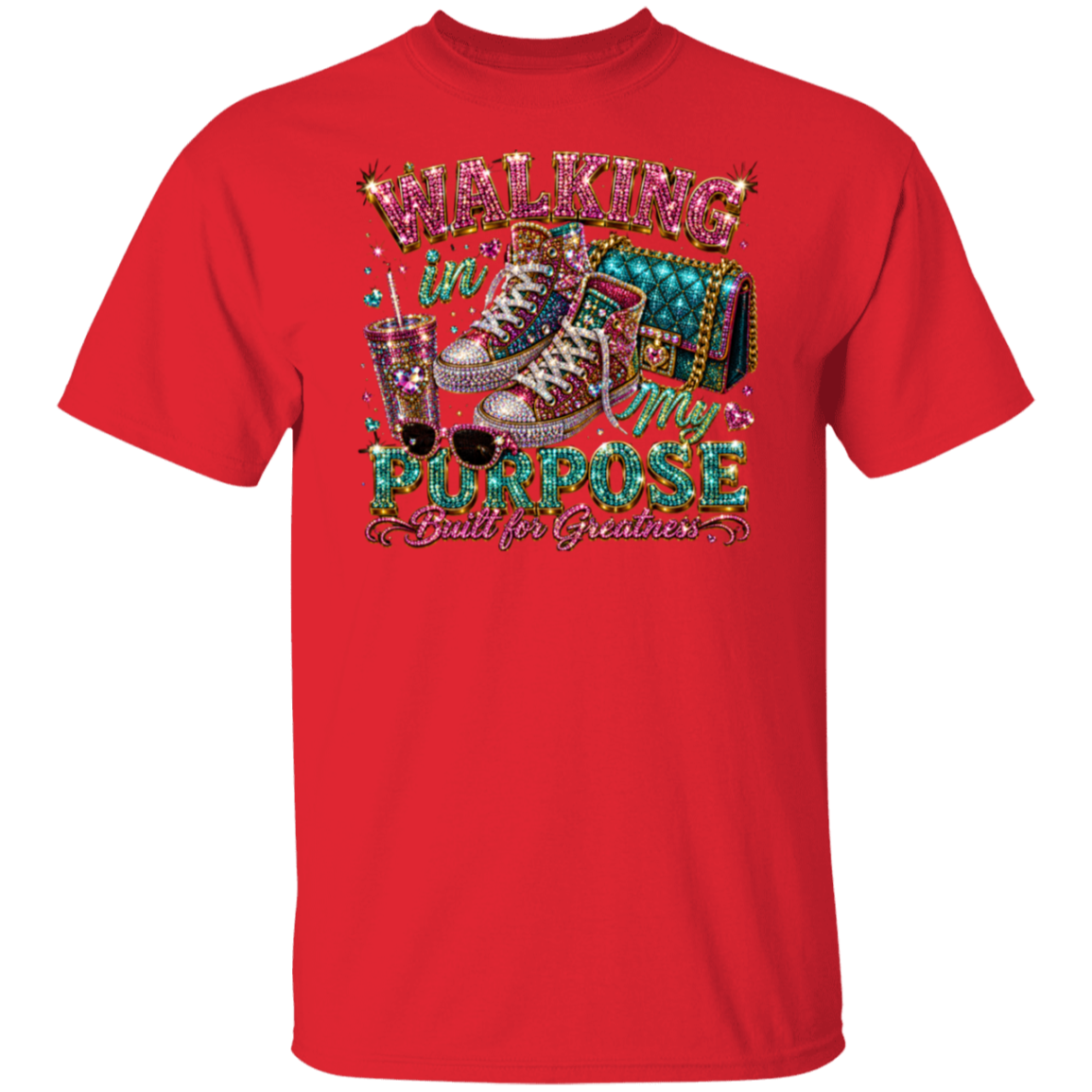 A red short-sleeve crewneck t-shirt featuring a large, colorful graphic on the front with a roller skate, sunglasses, a drink, and the text 'WALKING IN MY PURPOSE Built for Greatness'.
