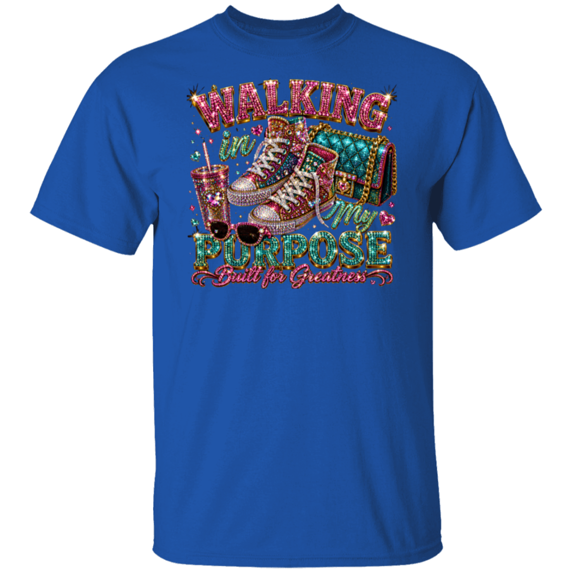 A royal blue short-sleeve t-shirt with a large, colorful graphic on the front featuring the text 'WALKING WITH PURPOSE Built for Greatness' and an illustration of a high-top sneaker, sunglasses, and a drink.