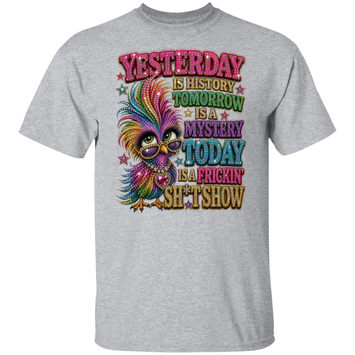 A sport grey short-sleeve crewneck t-shirt featuring a colorful graphic print on the front. The graphic displays a stylized, colorful feathered bird wearing glasses and text that reads 'YESTERDAY IS HISTORY TOMORROW IS A MYSTERY TODAY IS A FRICKIN' SH*T SHOW'.