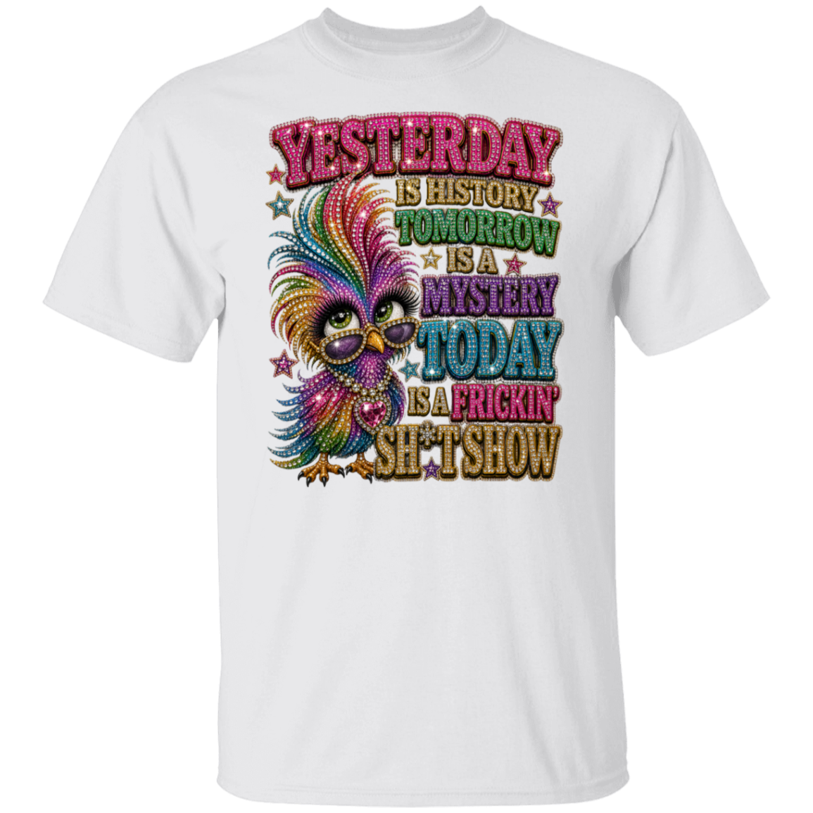 A white short-sleeve crewneck t-shirt featuring a colorful graphic print of a cartoon bird with rainbow feathers and glasses, accompanied by a humorous text design.