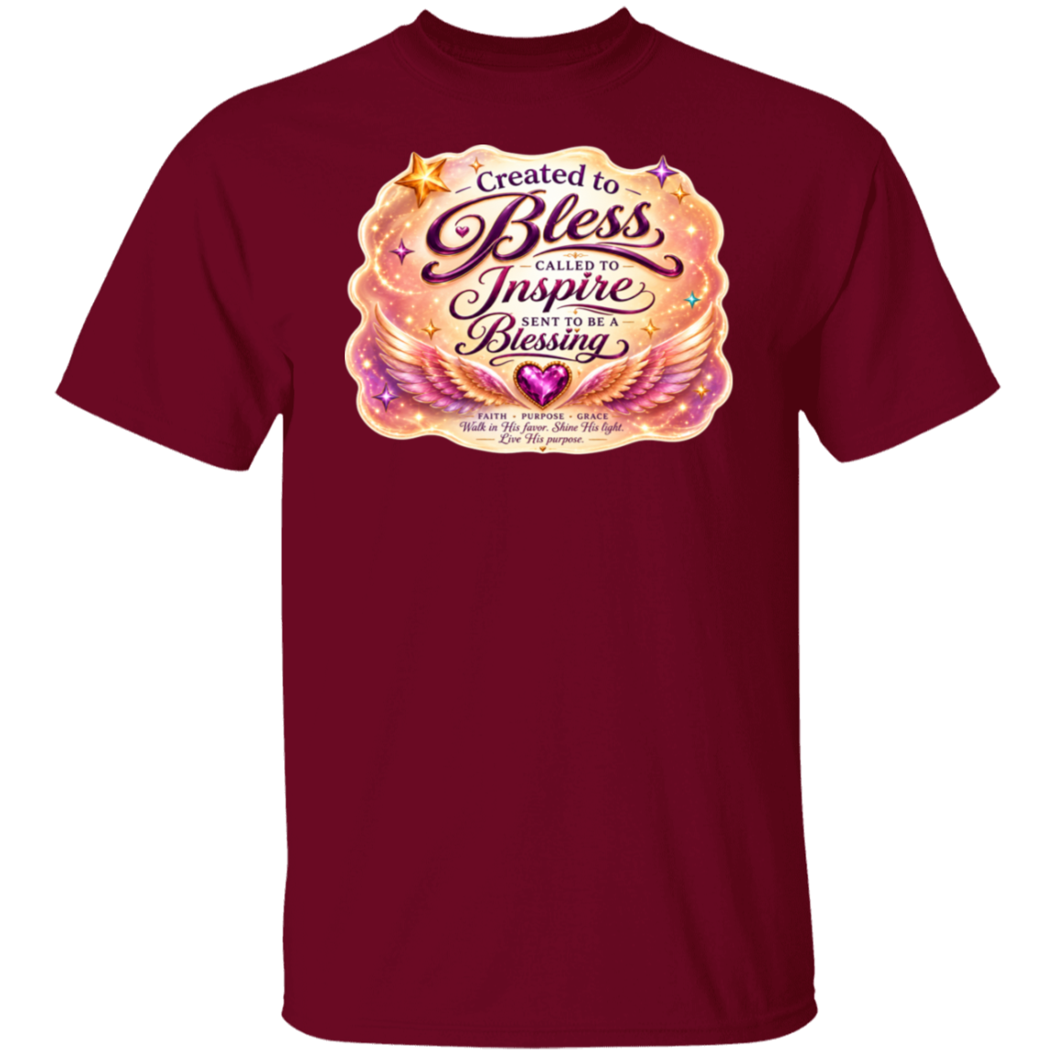 A garnet color short-sleeve crewneck t-shirt featuring a large graphic print on the chest with the words 'Blessed by God and inspired by the Holy Spirit' surrounded by colorful angel wings, stars, and a purple heart.