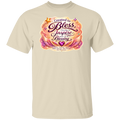 A natural crewneck t-shirt featuring a colorful graphic print on the chest with the text 'Created to Bless Called to Inspire Love in the Blessing' surrounded by pink, orange, and purple angel wings and stars.