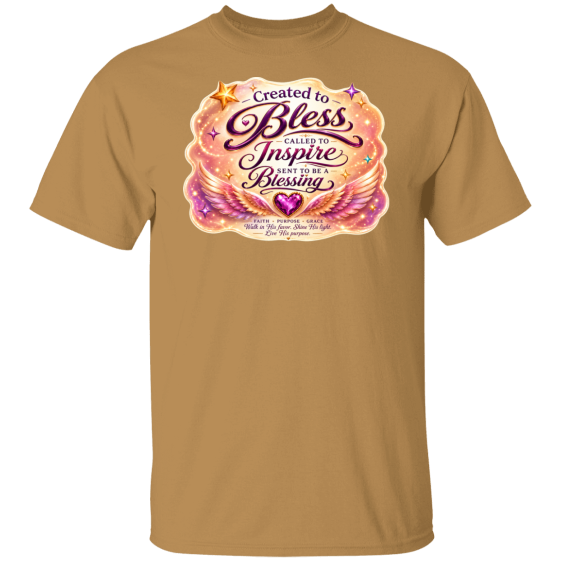 A old gold crewneck t-shirt featuring a colorful graphic print on the chest with the text 'Created to Bless Called to Inspire Love in the Blessing' surrounded by pink and orange angel wings and stars.