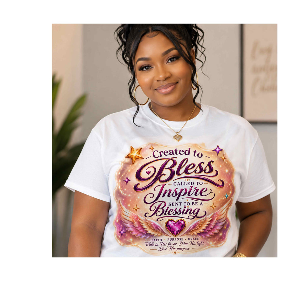 A woman wearing a white graphic T-shirt with a colorful inspirational print that reads 'Created to Bless Called to Inspire Sent to be a Blessing' with angel wings and stars, shown against an indoor background.