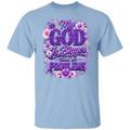 A light blue short-sleeve crewneck t-shirt featuring a purple and pink graphic print on the front with the text 'My GOD Is Bigger THAN MY PROBLEMS' surrounded by purple and pink flowers.
